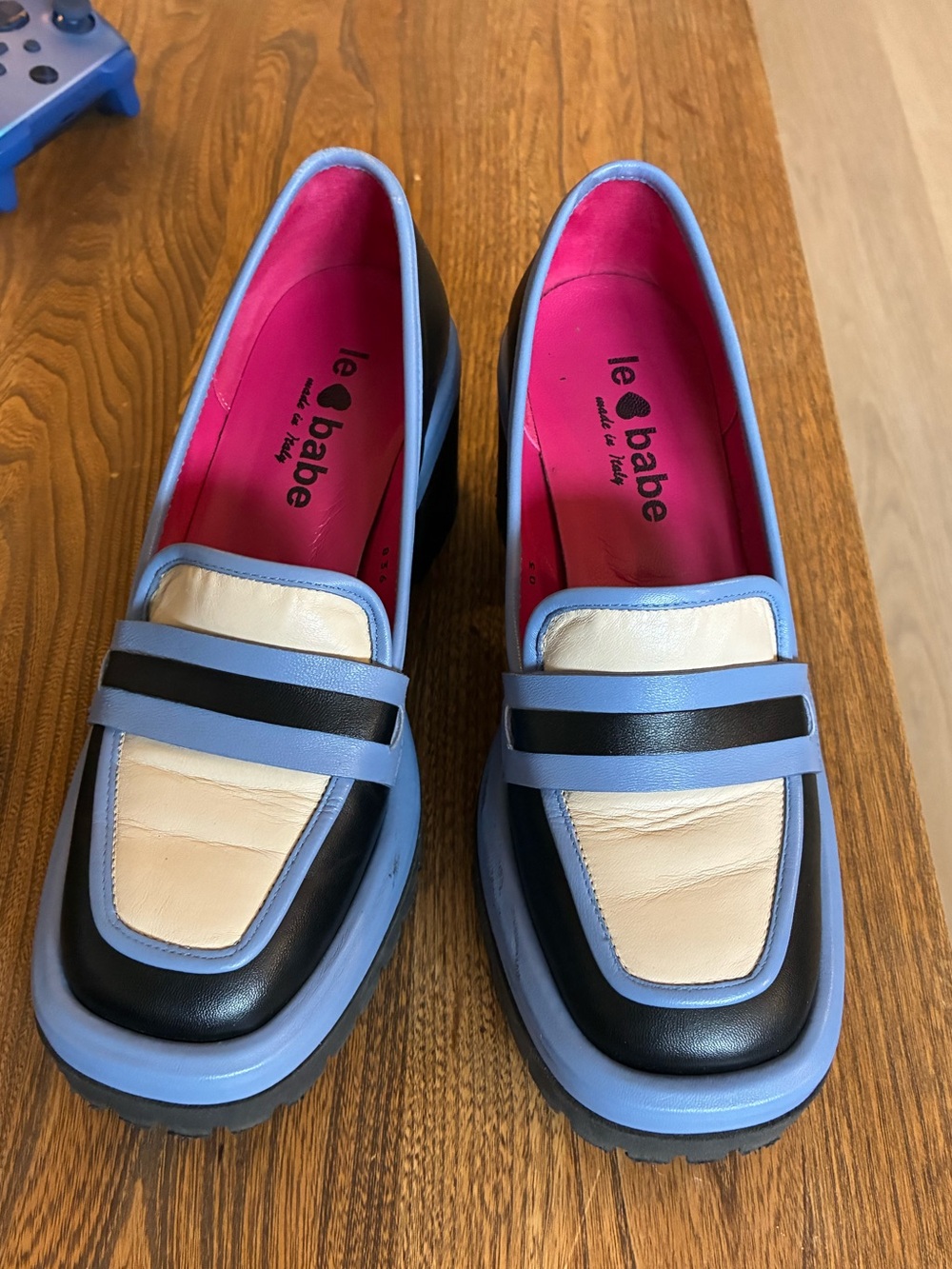 Le Babe Black, White and Blue Heeled Loafer
